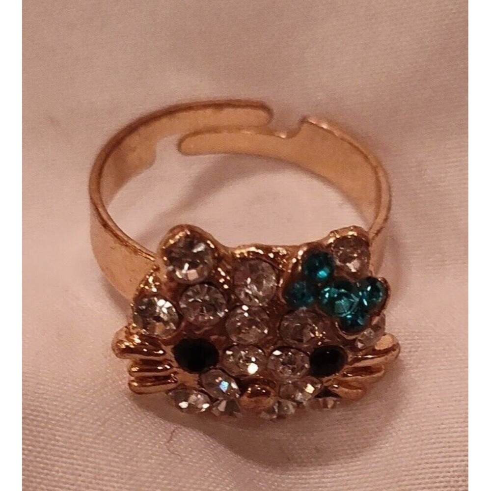 Gold Diamond Rhinestone Blue Bow Hello Kitty Cat Adjustable Band Ring Jewelry